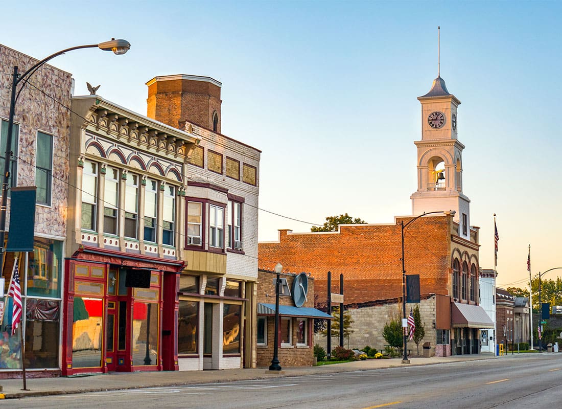 Vandalia, IL - Main Street of Rural Small Town in the Midwest With Storefronts and Clock Tower